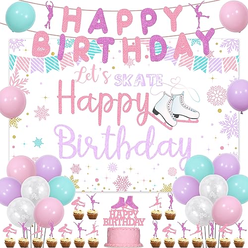 Fournitures de Fête d'anniversaire de Patinage sur Glace pour Fille avec Toile de Fond Let's Roll Skate Happy Birthday Patin À roulettes Rose Et Violet Bannière Joyeux Anniversaire Décorations