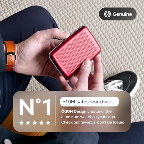 Image of OGON -DESIGNS- Aluminum card holder, RFID protection against fraud and demagnetization, compact wallet, Smart Case STOCKHOLM model (Aluminum Red, Extra-secure lock)