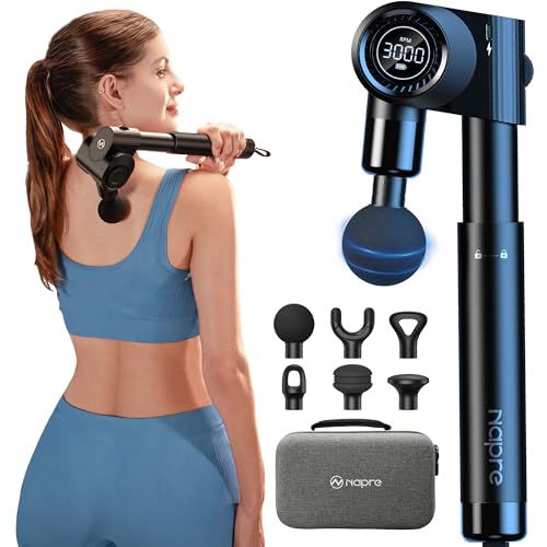 Massagepistole,Napre Faltbare Massage Pistole Massage Gun mit Verlängerungsgriff und Einstellbaren Winkeln,Muskel Percussion Massagegerät für Schulter Körper Rücken,32 Geschwindigkeiten,6 Aufsätze