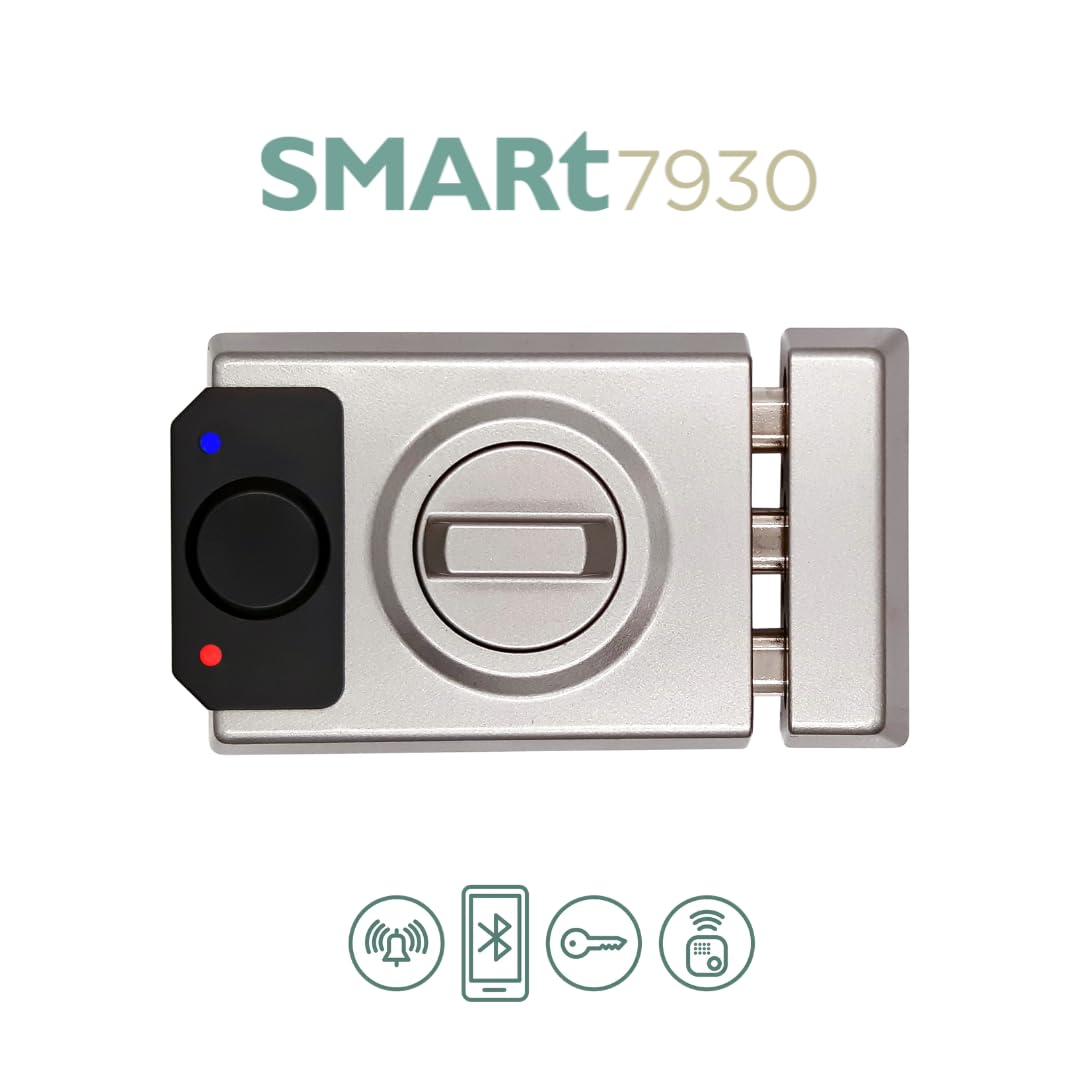 Lince SMARt7930 Cerradura inteligente para puerta – Cerrajo con alarma de 100 dB, control por aplicación, control remoto y llave reversible de alta seguridad – Recargable por USB-C – Color Plata | Aplicación móvil, control remoto, apertura mecánica con ll