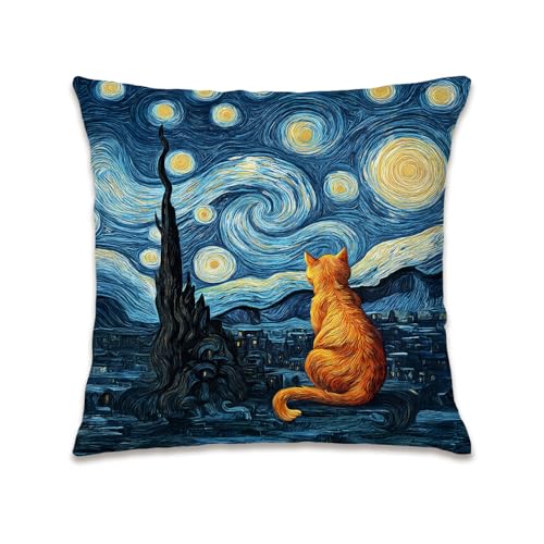 RLTXBUK Starry Night Orange Cat Pillow Covers 18x18, Orange Cat Gifts, Van Gogh Inspired Kitten Decorative Throw Pillow Covers Pillowcases for Home Bedroom Living Room