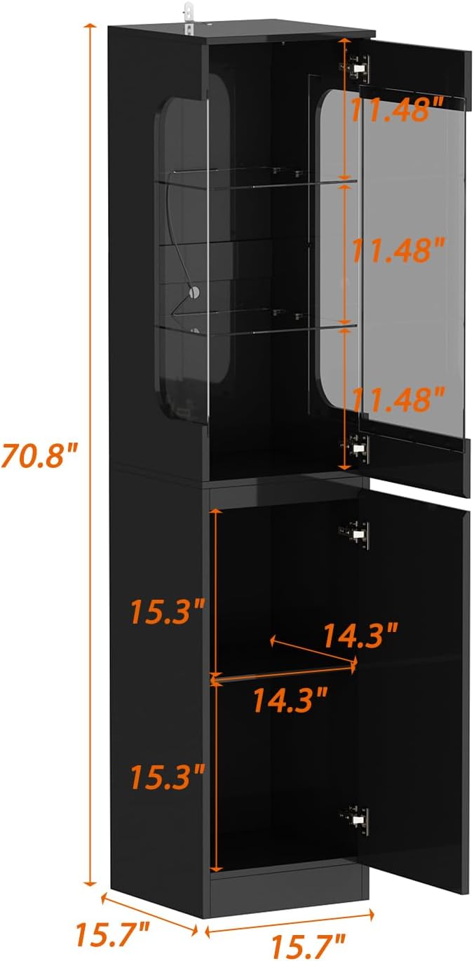 Hitow Glass Display Cabinet with 3 Color Lights for Collectibles, High Gloss Curio Cabinets with Glass Door & Adjustable Shelf, 15.7" W Slim Bookcases for Small Spaces, Living Room, Black