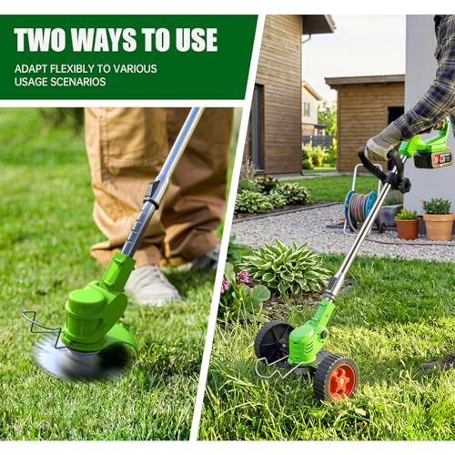 Electric Weed Wacker Eater Cordless Weed Trimmer with Wheels and 2 Pcs 21V/2000mAh Batteries, 3 in 1 Grass Trimmer/Brush Cutter/Lawn Edger with 27 Pcs Replacement Blades for Lawn Garden and Yard — view 2
