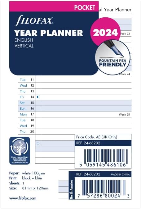 Filofax 24-68202 Personal Organizer, Refill, Begins January 2024, Small, Vertical Ear Planner, White