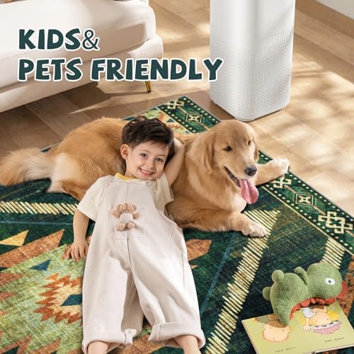 Boho Green Area Rugs - Non-Slip Washable 5x7Ft