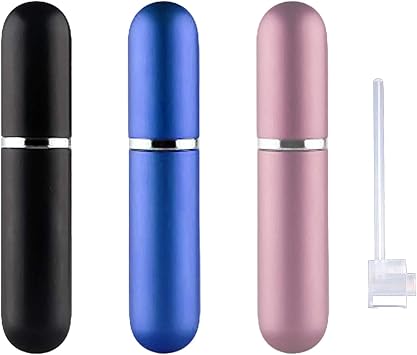 Travel Refillable Perfume Atomisers, 5ML, 3 Pcs Mini Portable Spray Bottles, Round Tube Set With 1 Flat Separated Tool, for Home Business Trip Black+Blue+Champagne4pcs
