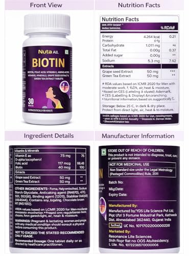 Image of Biotin Hair Growth Tablets | Biotin with Folic Acid, Vitamin E, Amino Acids & Antioxidants | Supports Hair Strength, Skin Glow & Nail Health | 30 Veg Tablets