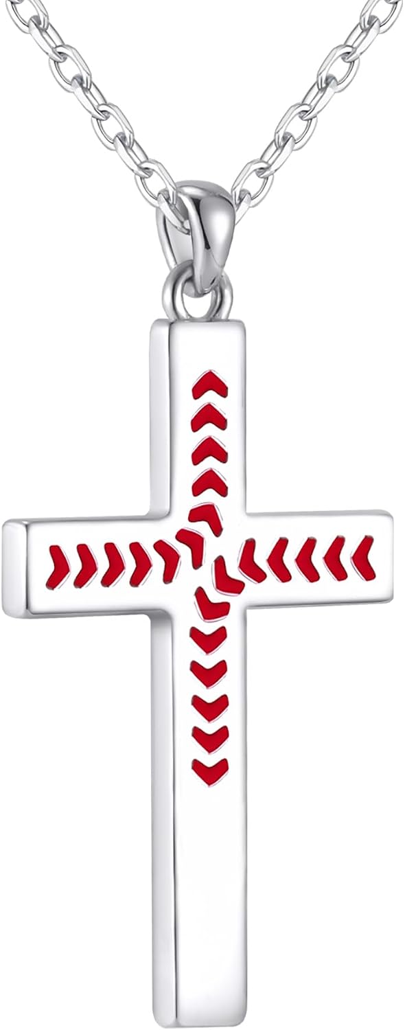925 Sterling Silver Baseball/Football/American Flag Cross Necklace for Boys Teens, Christian Gifts for Kids Inspirational Religious Bible Verse Pendant Necklace