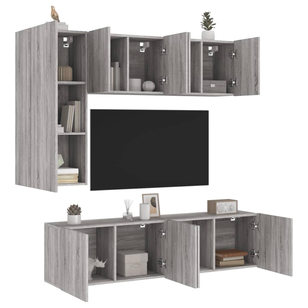 vidaXL Wohnwand 5-TLG., Schrankwand mit viel Stauraum, Wandmontage Anbauwand Fernsehschrank, Wohnzimmer Set Wandschrank, Grau Sonoma Holzwerkstoff