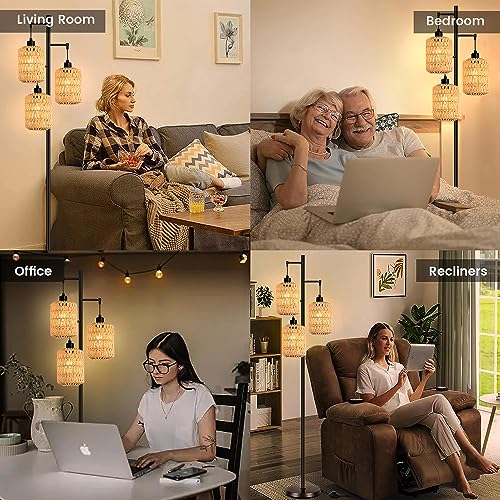 Qiyizm Floor Lamp For Living Room,Bedroom,3-Lights Boho Rattan Tree Floor Lights,Industrial Black Farmhouse Standing Lamp Wicker Rustic Tall Lamp,Woven Bamboo Lampshade Floor Lamps Bohemian thumb #6