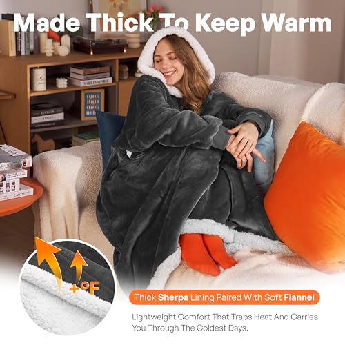 Giggling Getup Wearable Blanket Hoodie for Women Men Gifts for Women Mom Sherpa Fleece Long Hooded Blanket Sweatshirt Cozy Sherpa Wearable Throw with Pocket & Sleeves for Adult Oversize Dark Grey