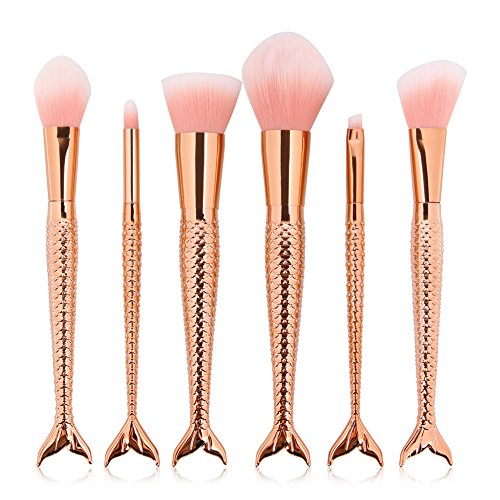 Coshine 10pcs Rose Gold Unique Mermaid Makeup Brush Set Cosmetic Tools Kits (6pcs mermaid brushes)