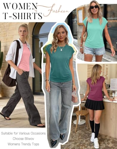 Image of Bliwov Womens Summer Tops Cap Sleeve Crew Neck Casual T Shirts