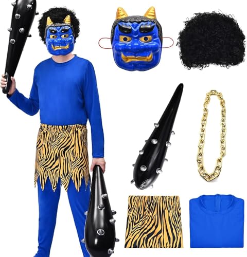 [SVNVIOZ] 節分 鬼 コスプレ 赤鬼 青鬼 衣装 6点セット 豆まき オニ退治 お面 鬼のパンツ ウィッグ つなぎ服 こん棒 リアル鬼 鬼面 仮装 おに 節分豆 郷土 お祭り 男女共用