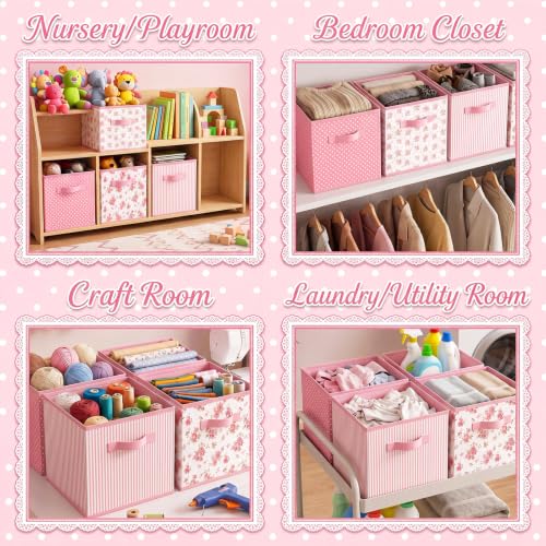 Marsui 4 Pcs Pink Floral Cube Storage Bins 10.6 Inch Pink Flower Storage Basket with Handle, Preppy Girls Organizer Basket, Collapsible Fabric Box for Classroom Bedrooms Office Home Decoration Gift - Image 5