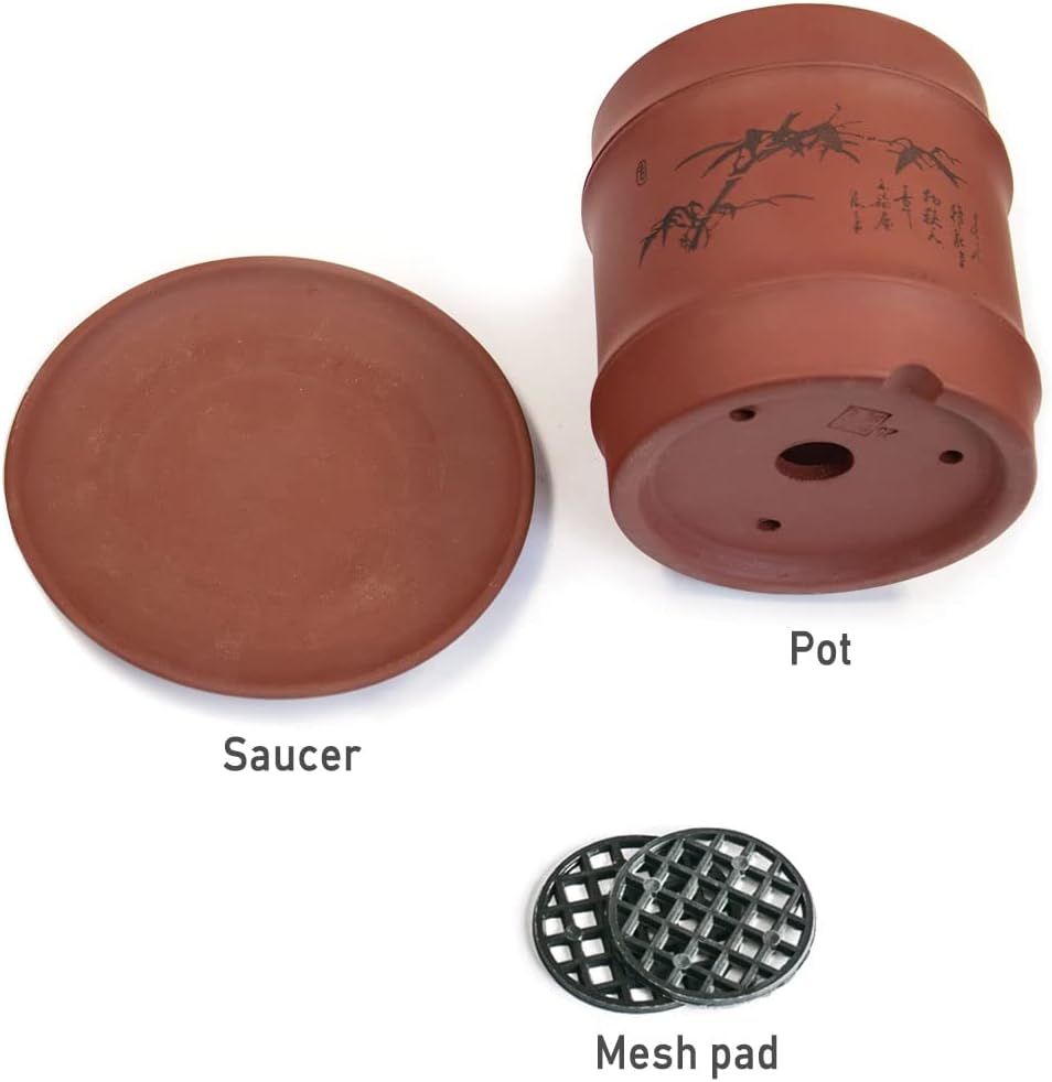 Dahlia 3.8" Bamboo Zisha Cylinder Bonsai Planter/Succulent Pot/Flower Pot w. Saucer, Brown