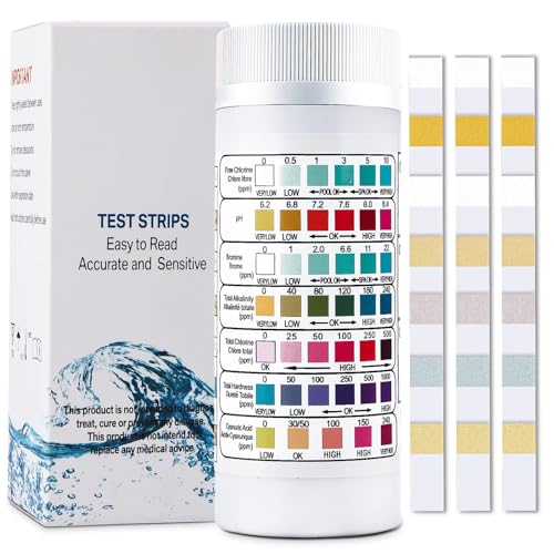100 Pcs Test Acuario, 7-en-1 Test Agua Acuario, Medidor de PH, Cloro Libre, Nitrito, Dureza, Carbonato, Nitrógeno Amoniacal, Profesional Tiras de Prueba para Piscina, Pecera