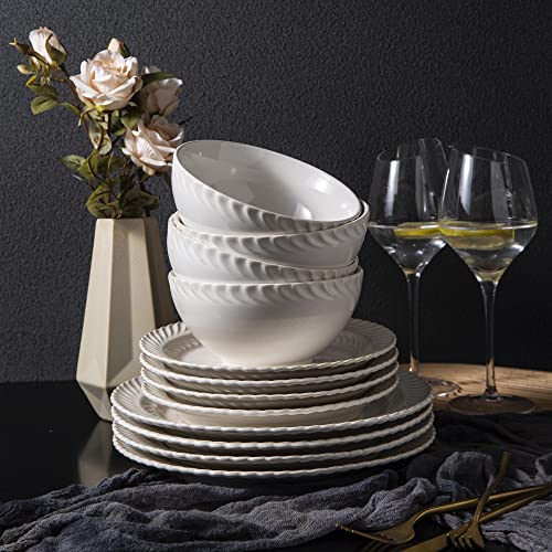 Gbhome Ceramic Dinnerware Sets,Elegant Deep Stoneware Plates And Bowls Sets,Highly Chip And Crack Resistant | Dishwasher & Microwave Safe | Dishes Set Service For 4 (12Pc)-Soft Off White #TOP4