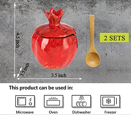 Gabroc Salt Cellar Salt Box 2 Pcs Salt Container Salt Pig Red Salt Bowl Salt Cellar With Lid Spoon Ceramic Pomegranate Shaped #TOP1