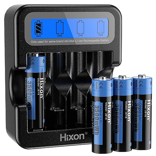 Hixon AA Rechargeable 1.5V Lithium Battery 4 Pack with LCD Charger, 3A High Current Output,3500mWh High Capacity, Constant Output,1600 Cycles,Long Lasting