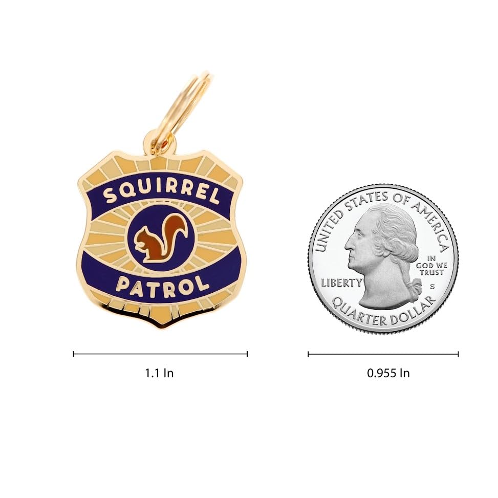 Two Tails Pet Company Personalized 'Squirrel Patrol' Pet ID Tag & Collar Charm - Custom Engraved Dog Tags for Pets - Luxury Brass, Gold Plating