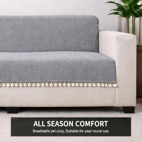 Image of STITCHNEST Grey Chenille Sofa Cover 24x60 Inch - Soft, Durable & Textured Fabric with Tassels | Full Coverage Sofa for Living Room, Bedroom, or Drawing Room