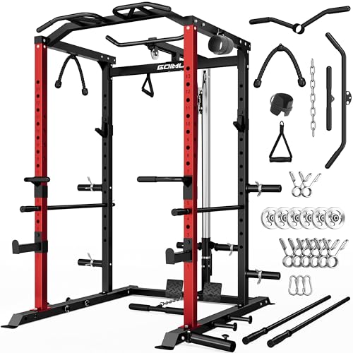 Image of C1-V4 Power Cage, 2000LBS Squat Rack with LAT Pulldown, Multi-Function Weight Cage Strength Training Machine, Workout Cage with More Attachments for Home Gym Garage