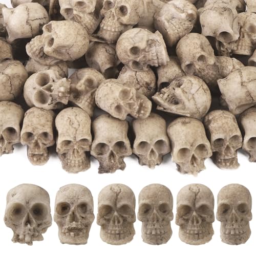Vellibring 50pcs Halloween Mini Skull Decoration Miniature Realistic Resin Skeleton Head Halloween Skull Heads Figurine for Vase Filler Trick Toy Party Table Decor