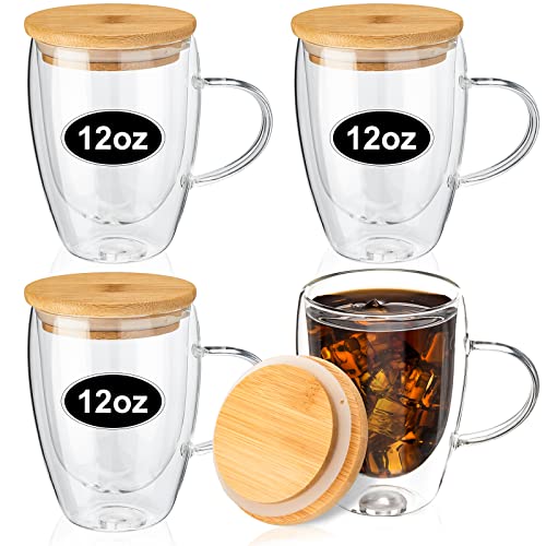 Eccliy 4 Pcs 12Oz Glass Coffee Mugs With Bamboo Lids Insulated Double Walled Glass Coffee Cups Clear Tea Mug Glass Tea Cups With Handles For Hot Or Iced Coffee Milk Tea Beverage Cappuccino Latte #TOP25