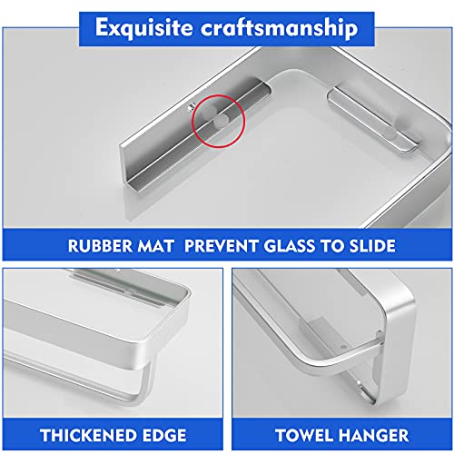 Dancrul 15.7 Inch Bathroom Shelves,Rectangular Tempered Glass Shelf With Towel Bar, Wall Mounted Shelves For Bathroom, Matte Silver #TOP3