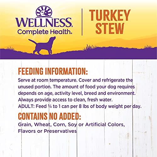 Image of Wellness Complete Health Stew Adult Canned Wet Dog Food, Grain Free, Natural, Turkey Recipe, 12.5 oz, Pack of 12 Cans