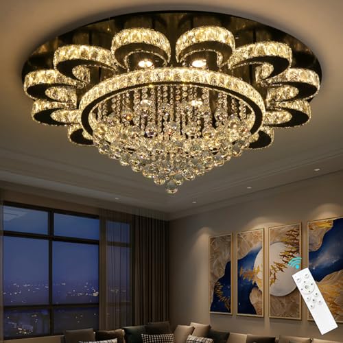 HAIXIANG Modern Chandelier Living Room Light Glam Chandeliers Ceiling Light Fixture Remote Dimmable Lights 40 Inches Luxury Crystal Black Dining Room Lights