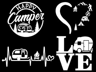 4 Pack Decals: Happy Camper, Camping Heartbeat, Heart Camping, Love Camper (White, Small 3.5")