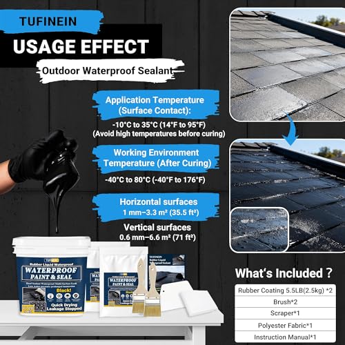 Image of Rubber Liquid Waterproof Sealant, TUFINEIN 11 LB /5 KG Black Quick Drying Multi Surface Foundation Leak Repair - Roof Gutters Basement Sealer Waterproof - Indoor & Outdoor Flexible Rubber Paint