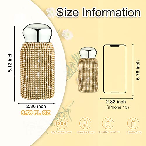 Tmore Mini Rhinestone Thermoses Bottle For Women Girls Glitter Stainless Steel Thermal Cute Water Bottles 200Ml/6.76Oz Bling Diamond Coffee Bottle Sparkling Insulated Vacuum Thermoses (Gold) #TOP3