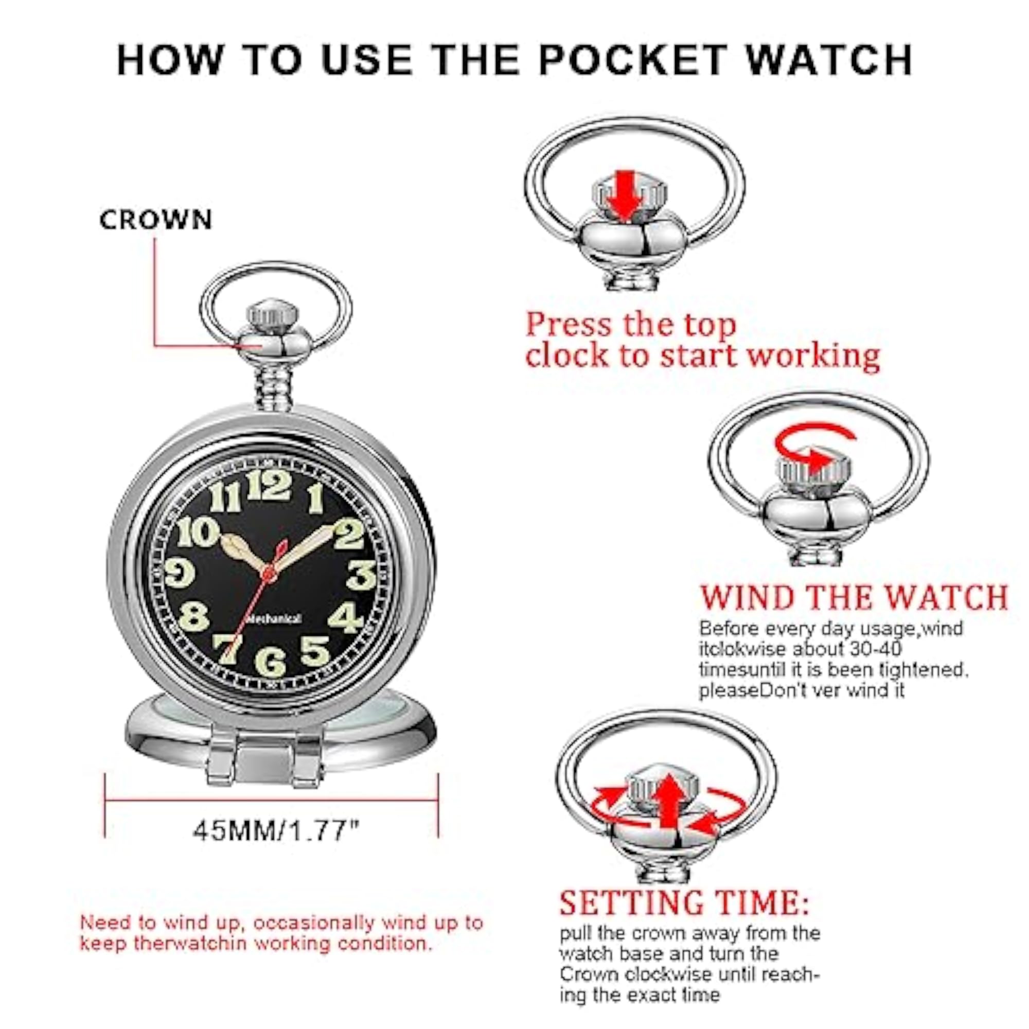 Stainless Steel Mechanical Pocket Watch, Retro Gift for Him