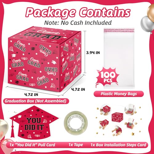 Image of WenmthG 2026 Graduation Money Box for Cash Gift Pull - Graduation Gift - 100 Pack Surprise Box Explosion Gift - DIY Grad Card Box - Graduation Party Supplies - Congrats You Did It! - Red