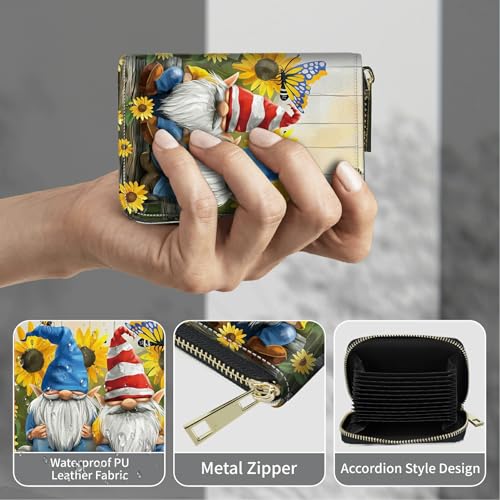 Image of Cute Credit Card Holder with Zipper, Garden Gnome RFID-Blocking Card Case Small Wallet for Women Men, Multi-slot Card Organizer Case Travel Accordion Wallet