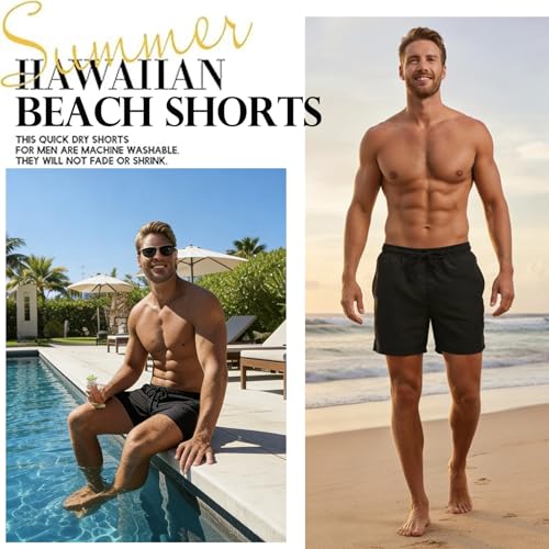 Image of Men's Swim Trunks with Compression Liner, Quick Dry Hawaiian Swimwear Bathing Suit Drawstring Board Shorts