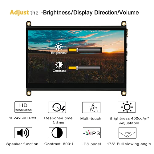 Image of NEW! Touch Screen 7 inch Display IPS 1024x600 HDMI Display, USB Powered Capacitive Touchscreen with Dual Speakers for Raspberry Pi 4 3 Windows AIDA64 Temperature CPU Monitoring