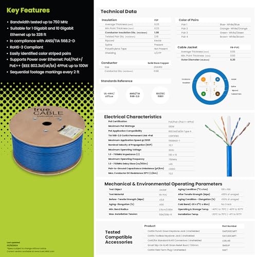 TRUE CABLE Cat6A Plenum Bulk Ethernet Cable (CMP), Unshielded UTP, 1000ft, Blue, 23AWG Solid Bare Copper, 750MHz, 10Gbps, PoE++ (4PPoE), ETL Listed by TRUE CABLE - Image 6