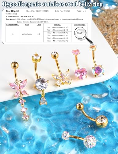 YADOCA Gold Belly Button Ring Navel Piercing Jewelry - Surgical Steel Dangle Belly Rings for Women 14G Dainty Colorful Pink Belly Button Piercing Gold Silver Tone2