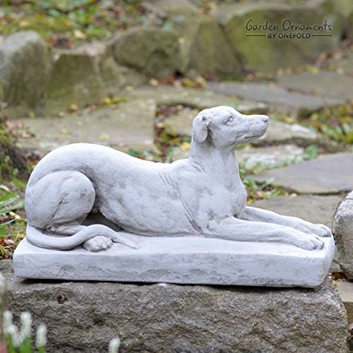 GREYHOUND ON PLINTH - HAND CAST STONE GARDEN ORNAMENT/STATUE/DOG SCULPTURE