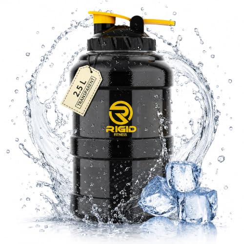 زجاجة مياه خالية من BPA لصالة الالعاب الرياضية سعة 2.5 ليتر - بتصميم مبتكر ممتاز مانعة للتسرب بدون رائحة - مثالية والانشطة الخارجية - اسود شفاف، بلاستيك