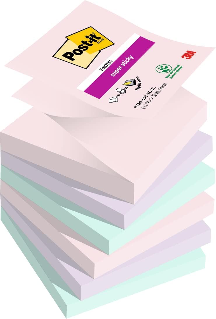 Post-it Super Sticky Z-Notes, Soulful Colour Collection, 76 mm x 76 mm, 90 Sheets/Pad, 6 Pads/Pack