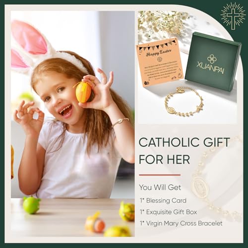 Gold Rosary Bracelet for Girls - 14K Gold Plated Virgin Mary Cross Bracelets,Golden Religious Virgen de Guadalupe Rosary Beads Link Jewelry,Easter Confirmation First Communion Gift for Teen Women — view 3