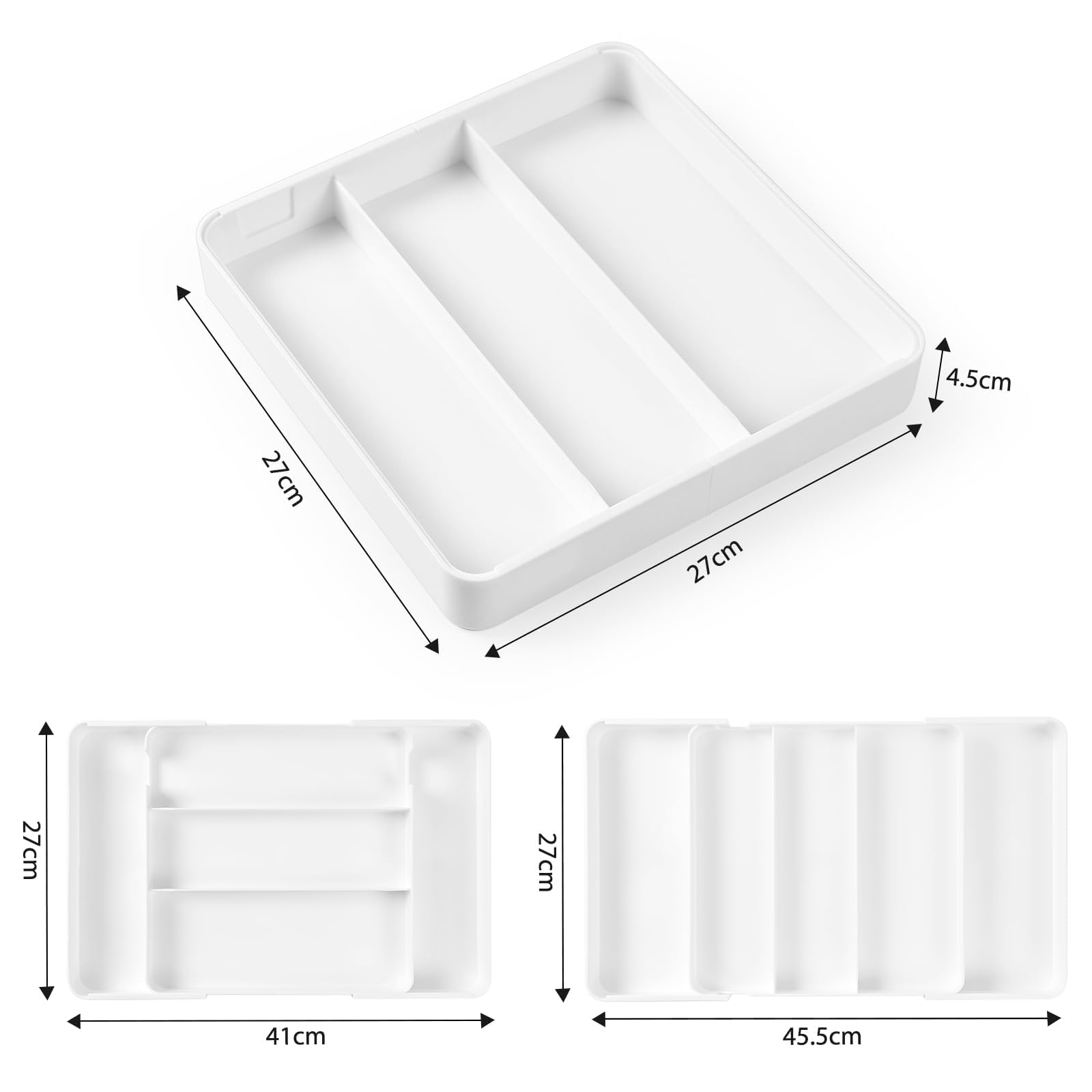 2 Pièce Range Couvert Tiroir Extensible, Rangement Couvert | Profondeur 27 cm, Extensible Jusqu'à 45,5 cm, Range-couverts Amovible, Organisateur Couverts Tiroir avec 5 Compartiments