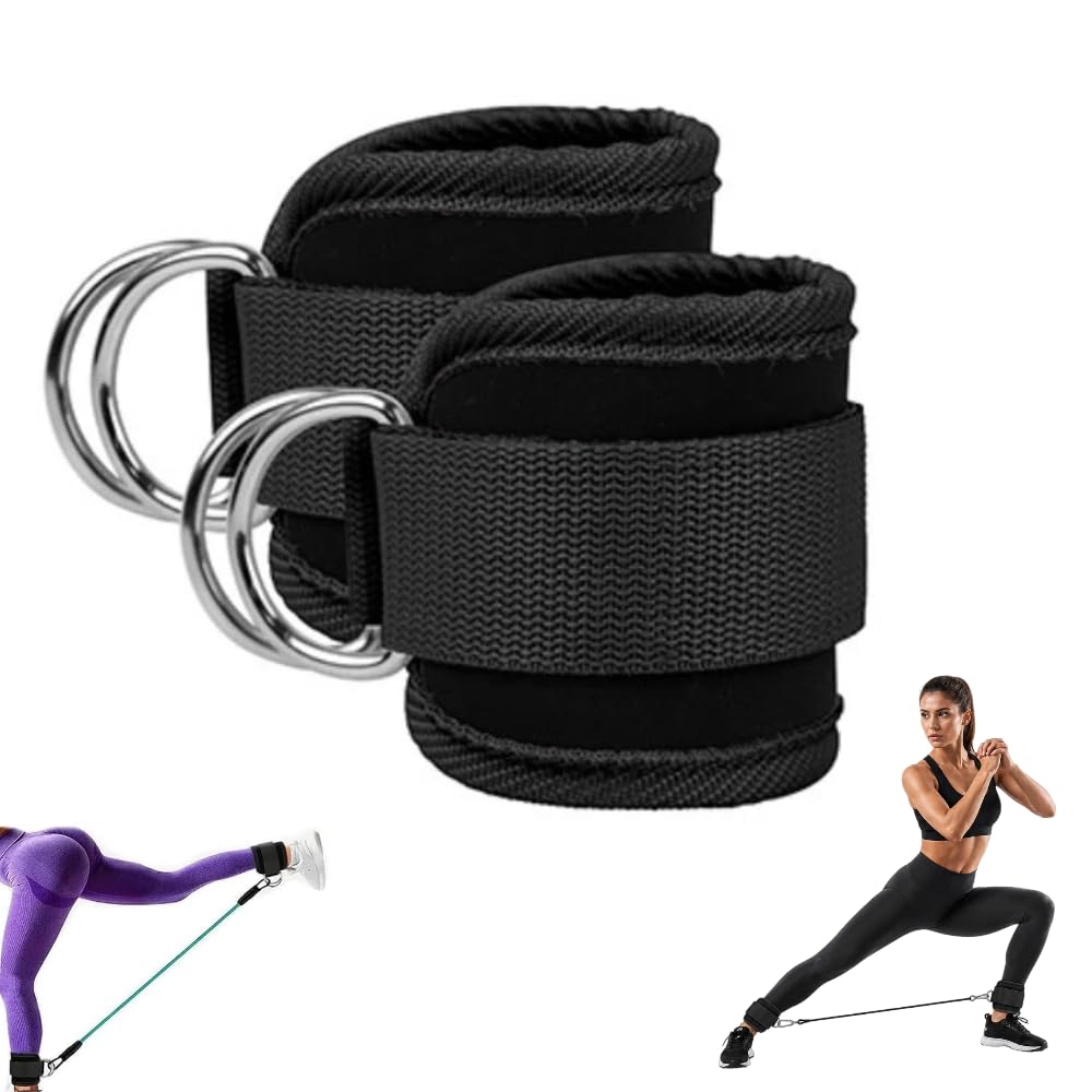 1Pair Black Ankle Straps for Cable Machine, Double D-Ring Gym Cuffs