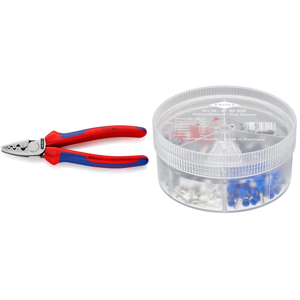 Knipex Crimpzange für Aderendhülsen mit Mehrkomponenten-Hüllen 180 mm 97 72 180 & Sortimentsboxen mit isolierten Aderendhülsen 97 99 906