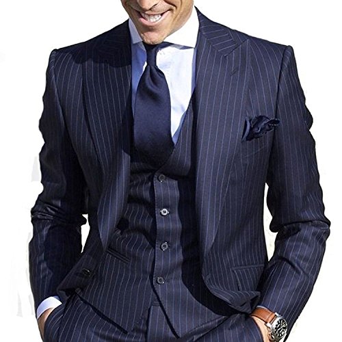 Man Suit Blue Tailored Pinstrip Groomsmen Groom Tuxedos Slim Fit Wedding Suits